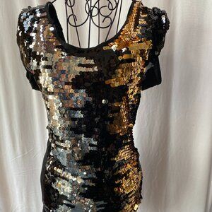 BCBG Sequined Tunic Mini Dress | Gold, Black & Silver | Size M (small)